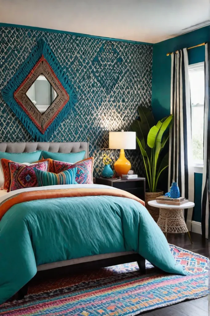 Colorful bedroom with mixed wall decor