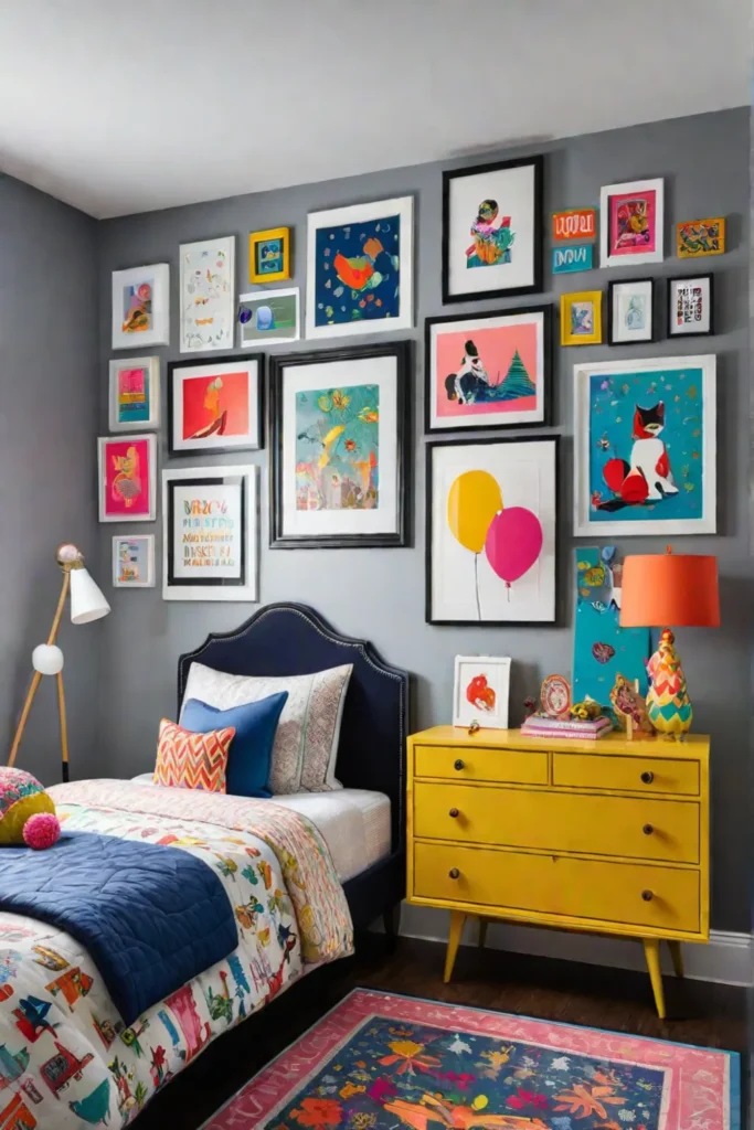 Colorful gallery wall in a childs bedroom with artwork
