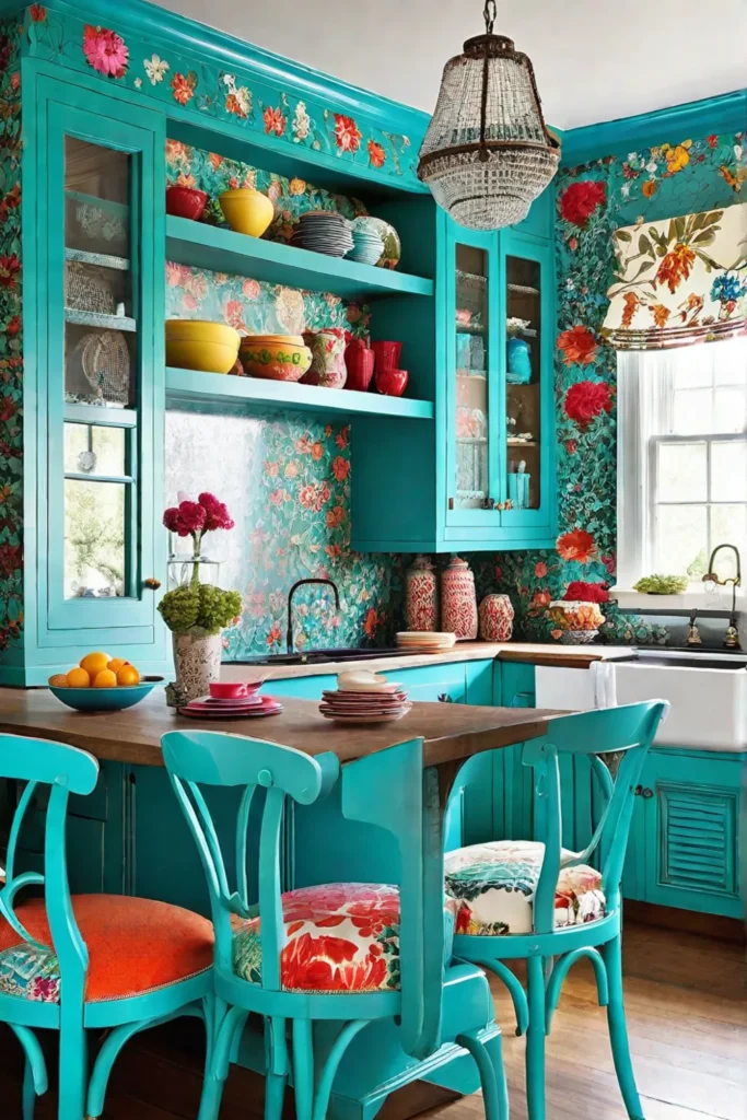 Colorful kitchen design with floral wallpaper and turquoise cabinets