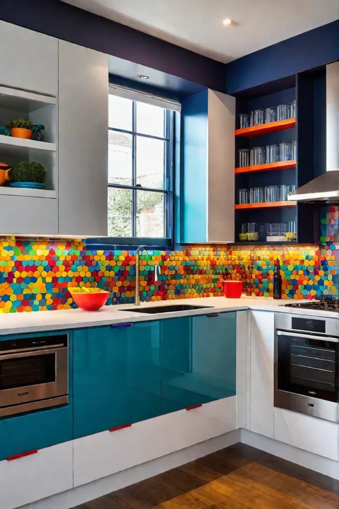 Colorful small kitchen with accent LED lighting
