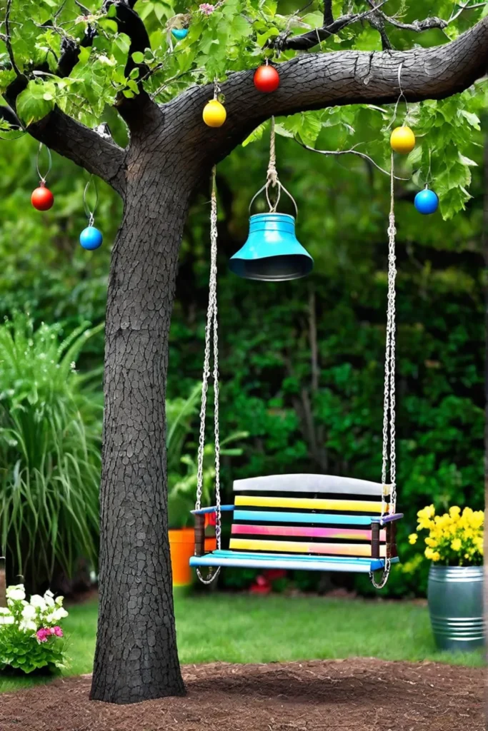 Colorful tin can planters and handpainted birdhouse in a garden