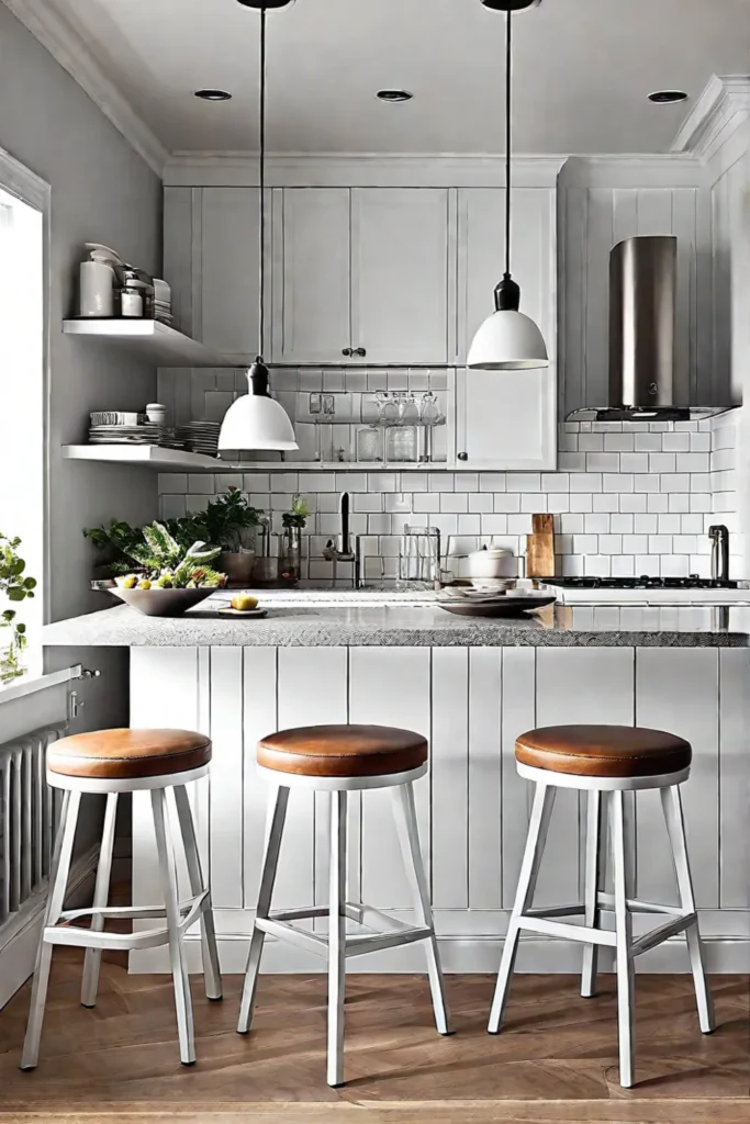 Compact stools under a barheight counter in a small kitchen