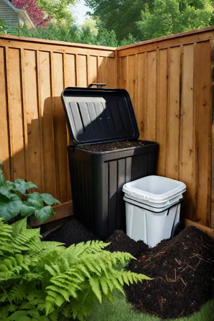 Composting organic waste enriches the soil in an ecofriendly backyard