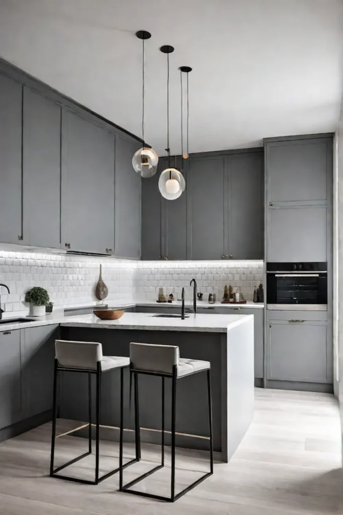 Cooltoned Scandinavian kitchen with gray and stainless steel