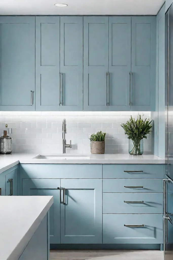 Cooltoned blue cabinets creating a serene kitchen atmosphere