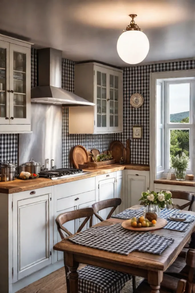 Cottage kitchen with gingham wallpaper on cabinet doors