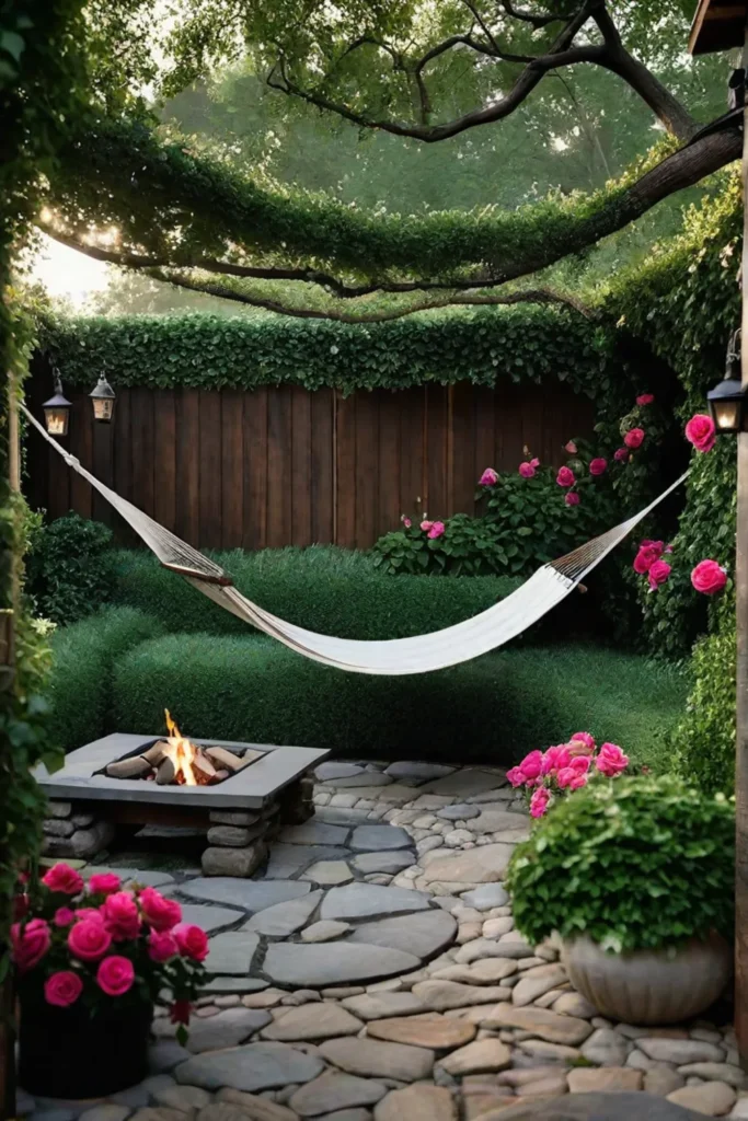 Cozy backyard with a rose fence and hammock