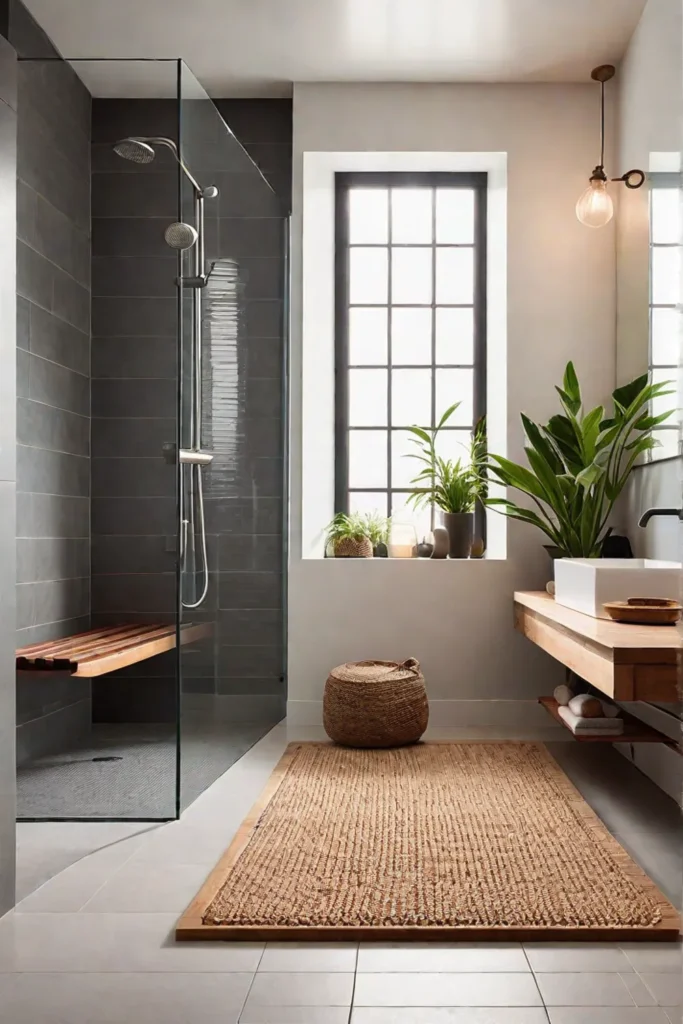 Cozy bathroom corner with textured bathmat and hanging plant