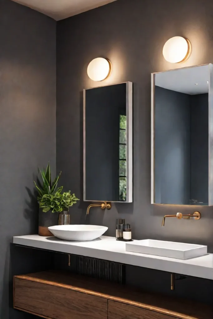 Cozy bathroom vanity with warm sconce lighting
