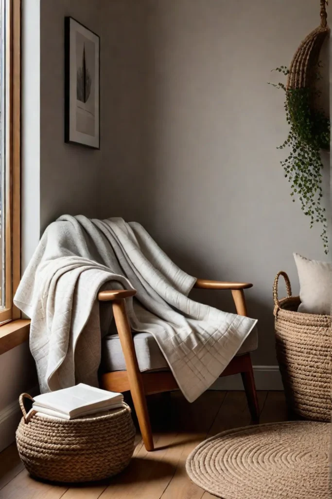 Cozy bedroom corner with natural textures and warm colors