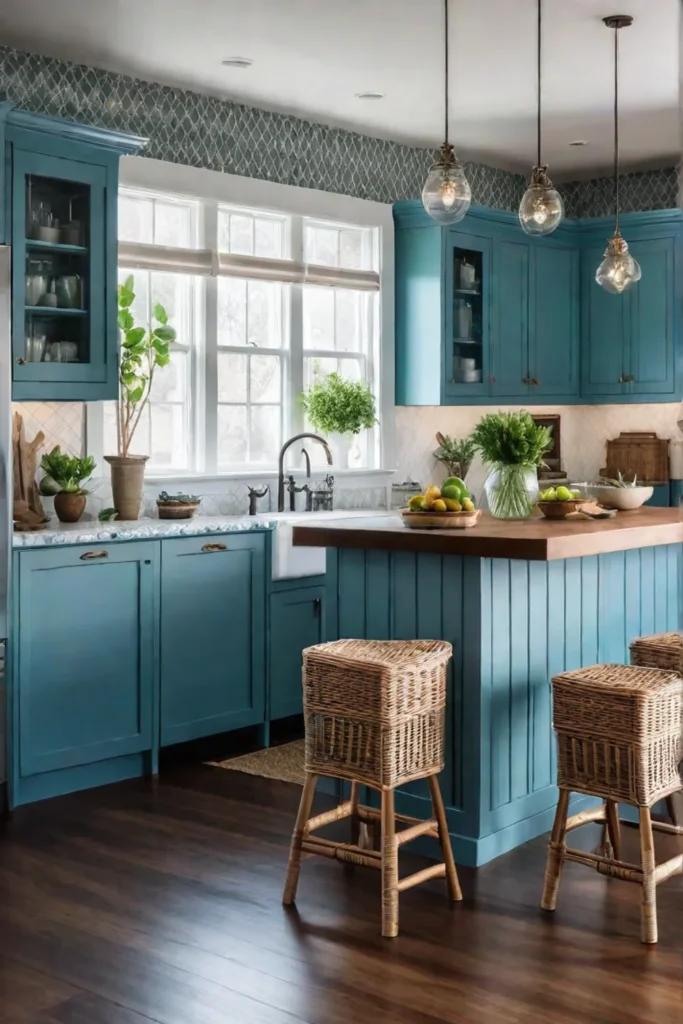 Cozy kitchen with colorblocked wallpaper in blue and green