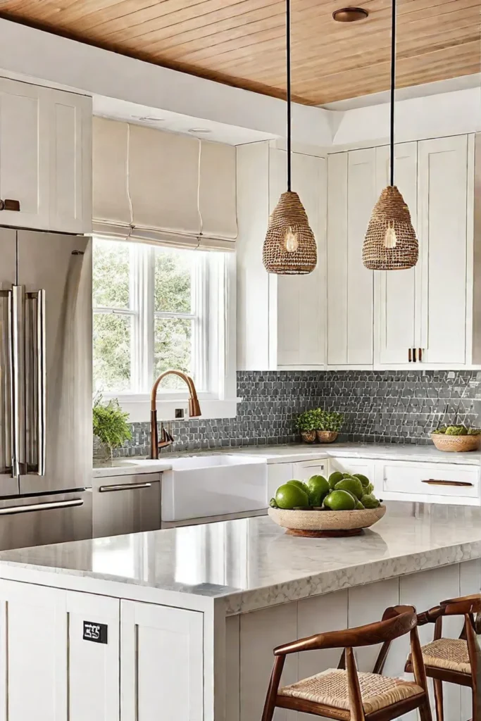 Cozy kitchen with natural wood accents and woven pendant lights