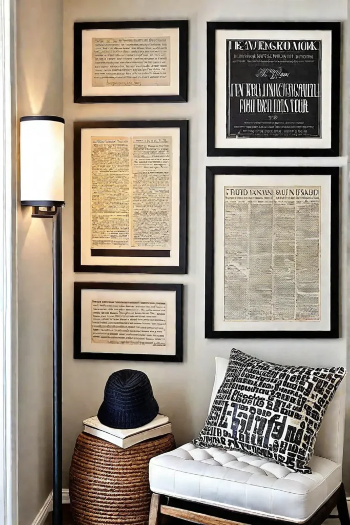 Cozy reading nook with a literarythemed gallery wall