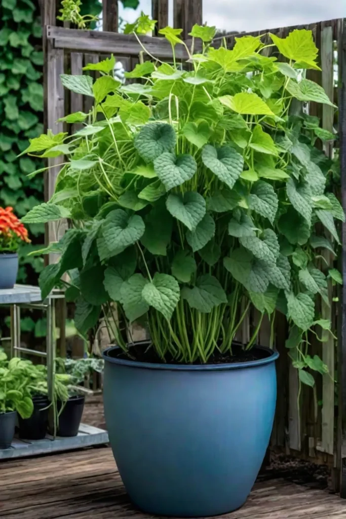 Cucumber plant thriving vertically in a pot with a trellis