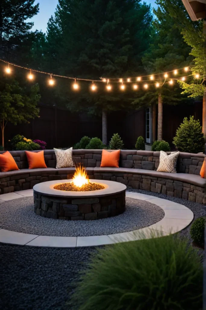 Curved gravel pathway leading to fire pit