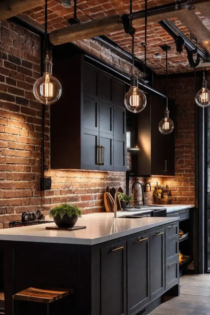 Dramatic and warm lighting in a small industrial kitchen