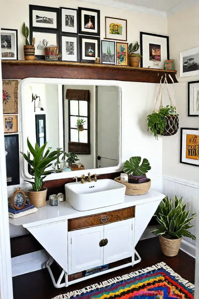 Eclectic bathroom with gallery wall and macrame plant holder