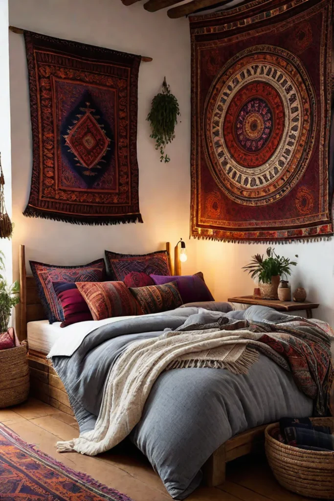 Eclectic bedroom decor with a textured wall hanging