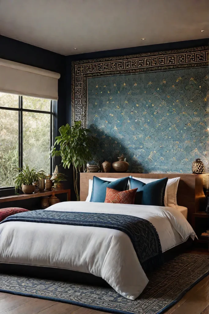 Eclectic bedroom with cultural influences and calming colors