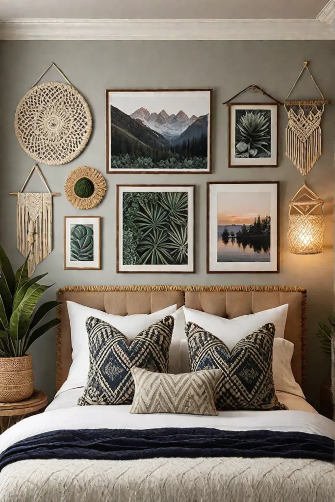 Eclectic gallery wall above a bed with macrame and mixed frames
