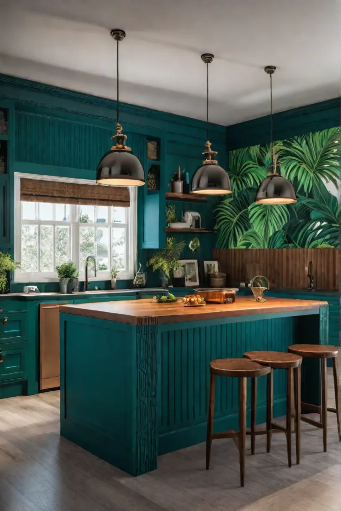 Eclectic kitchen with a colorful wallpapered island