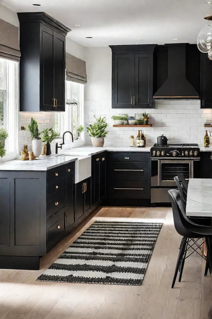 Eclectic kitchen with black and white cabinets for balance