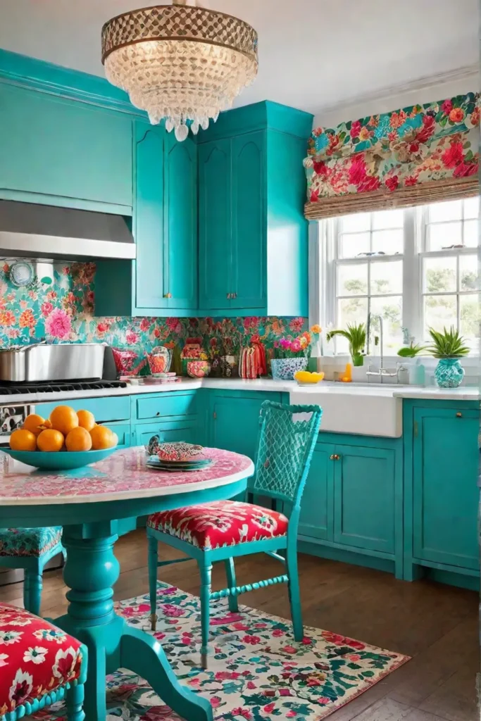 Eclectic kitchen with bold patterns and vibrant colors