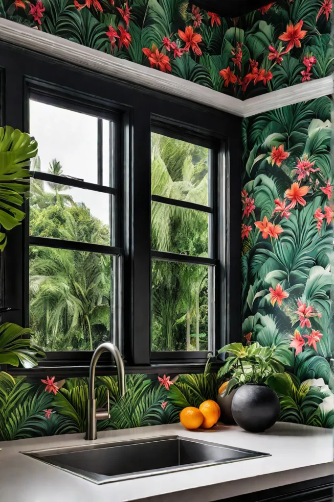 Eclectic kitchen with tropical wallpaper backsplash