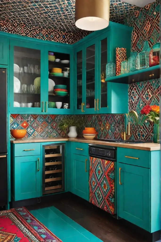 Eclectic kitchen with vibrant colors and patterns