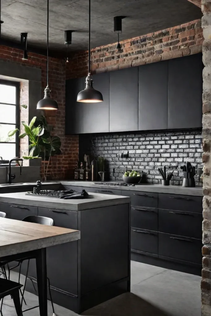 Edgy kitchen design with exposed brick and metal accents