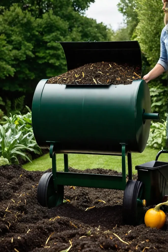 Efficient compost tumbler facilitates organic waste decomposition in a backyard