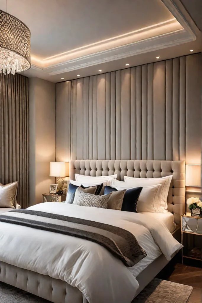 Elegant bedroom with a tufted headboard wall extension