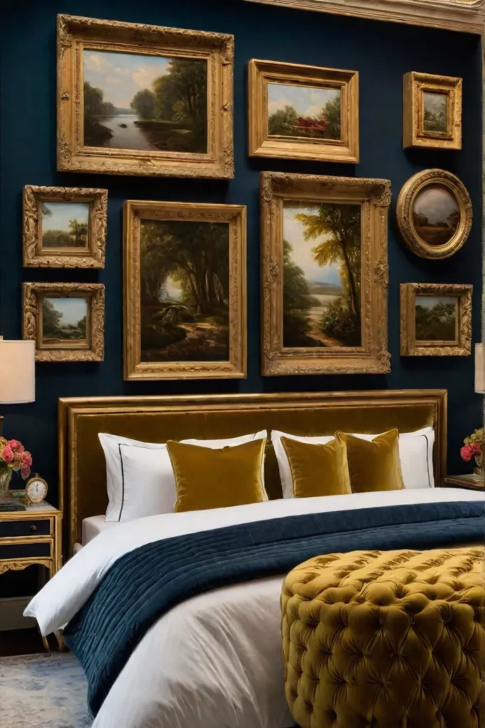 Elegant gallery wall with antique oil paintings