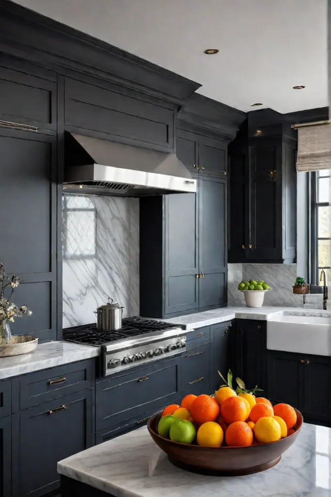 Elegant kitchen marble countertops dark cabinets