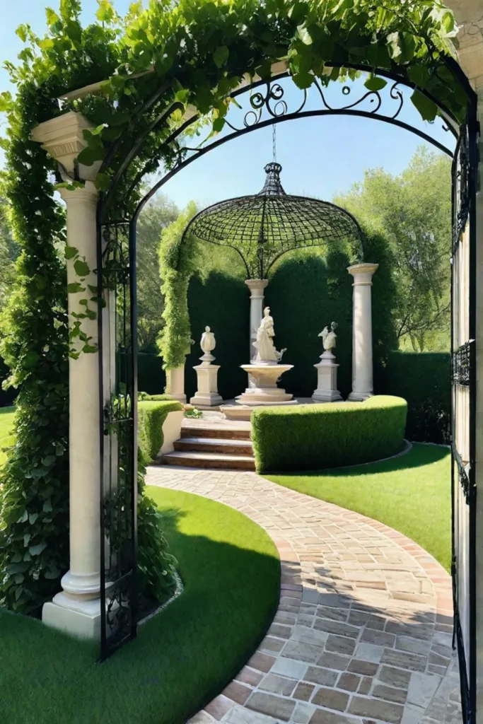 Elegant oasis with a garden statues and climbing vines