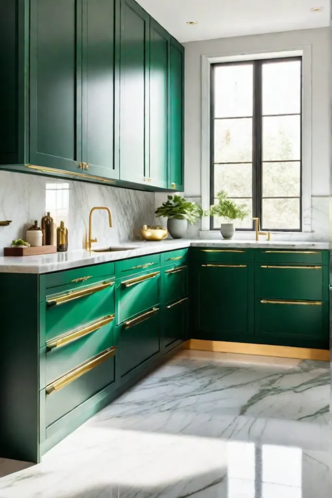 Emerald green kitchen cabinets with gold accents