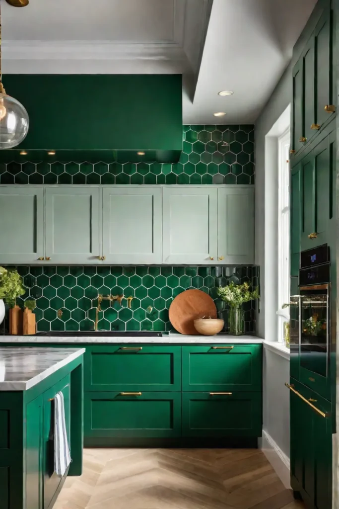 Emerald green kitchen cabinets with white countertops