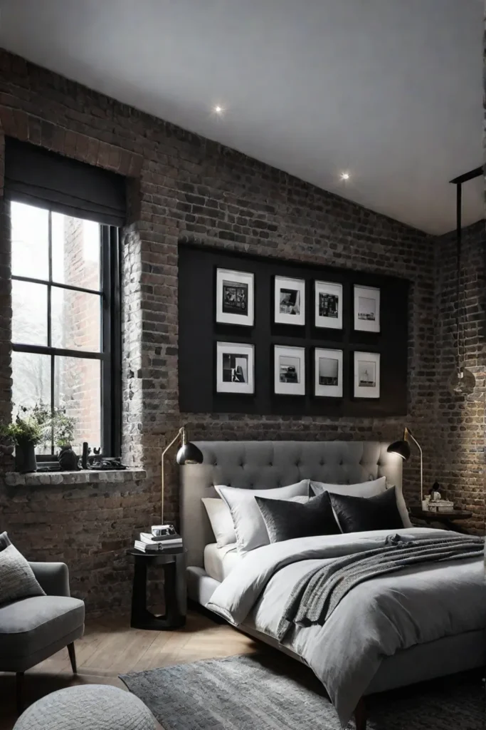 Exposed brick and black and white photography in a serene bedroom