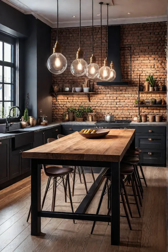 Exposed brick and metal accents create an industrialinspired Scandinavian kitchen