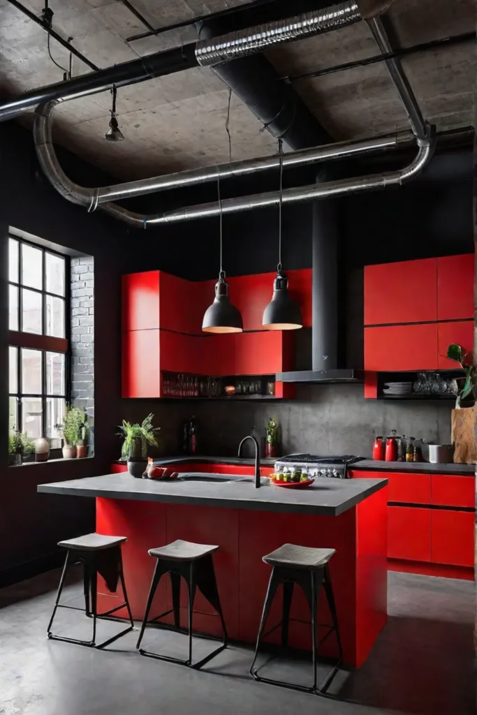 Exposed brick and metal accents paired with a vibrant red backsplash