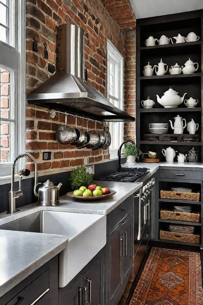 Exposed brick and vintage decor in a small eclectic kitchen