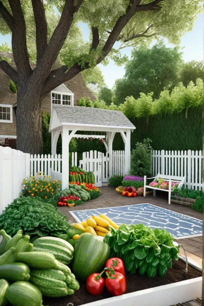 Familyfriendly backyard with a picket fence and playhouse