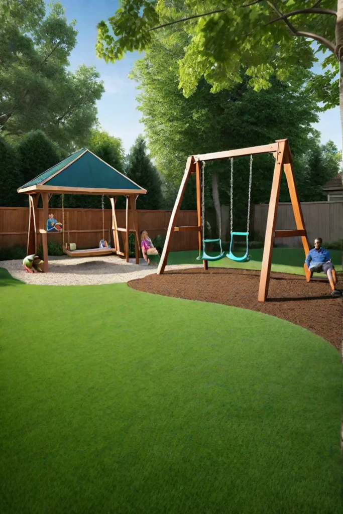 Familyfriendly backyard with swing set playhouse and lawn
