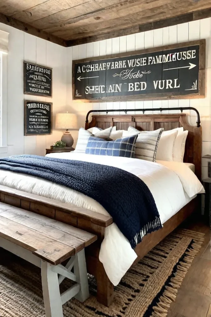 Farmhouse bedroom with vintage signs