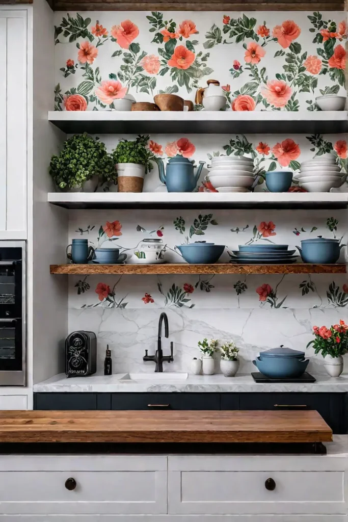 Farmhouse kitchen with floral wallpaper and shiplap