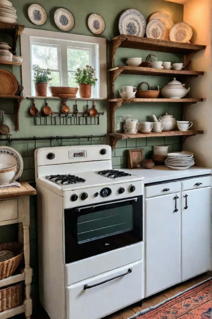Farmhouse kitchen with vintage stove and porcelain sink