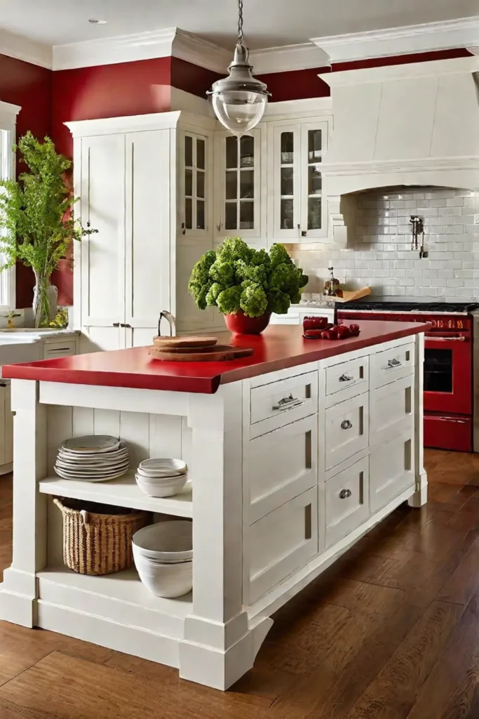 Farmhouse kitchen with white cabinets and a red kitchen island