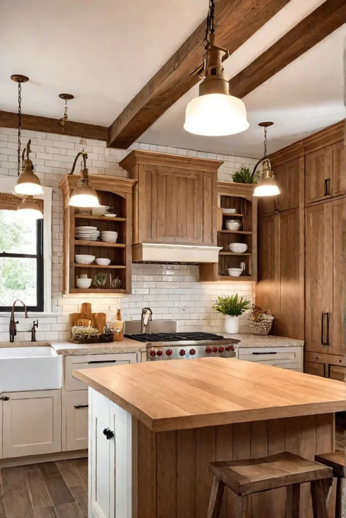 Farmhouse kitchen with wood cabinets and quartz countertops