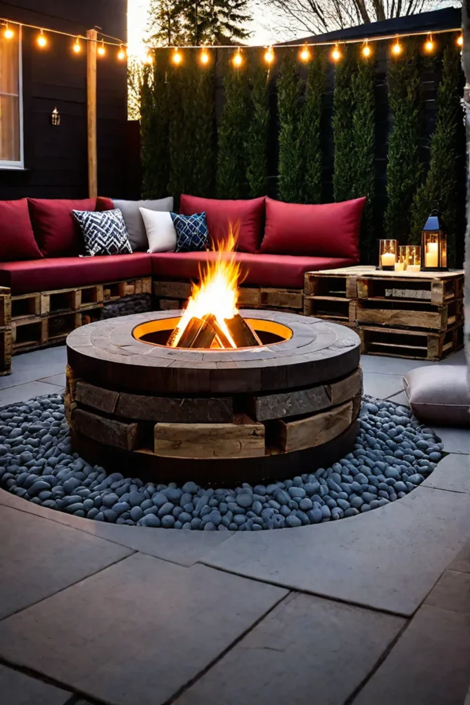 Fire pit area with stacked stones and upcycled pallet seating