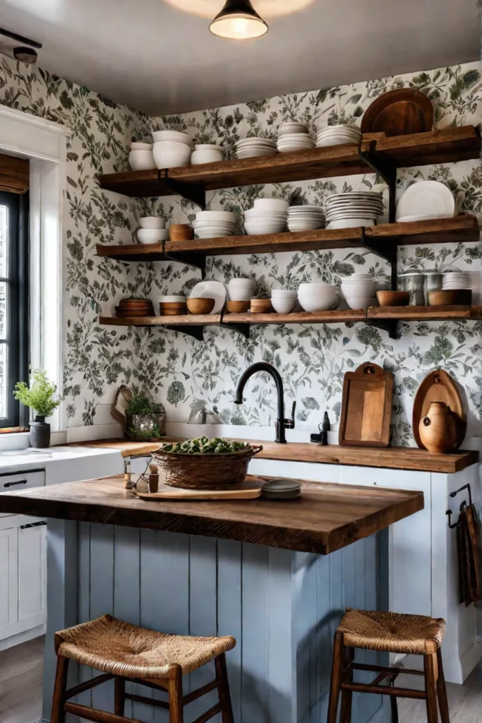 Floral wallpaper in a countrystyle kitchen with open shelves